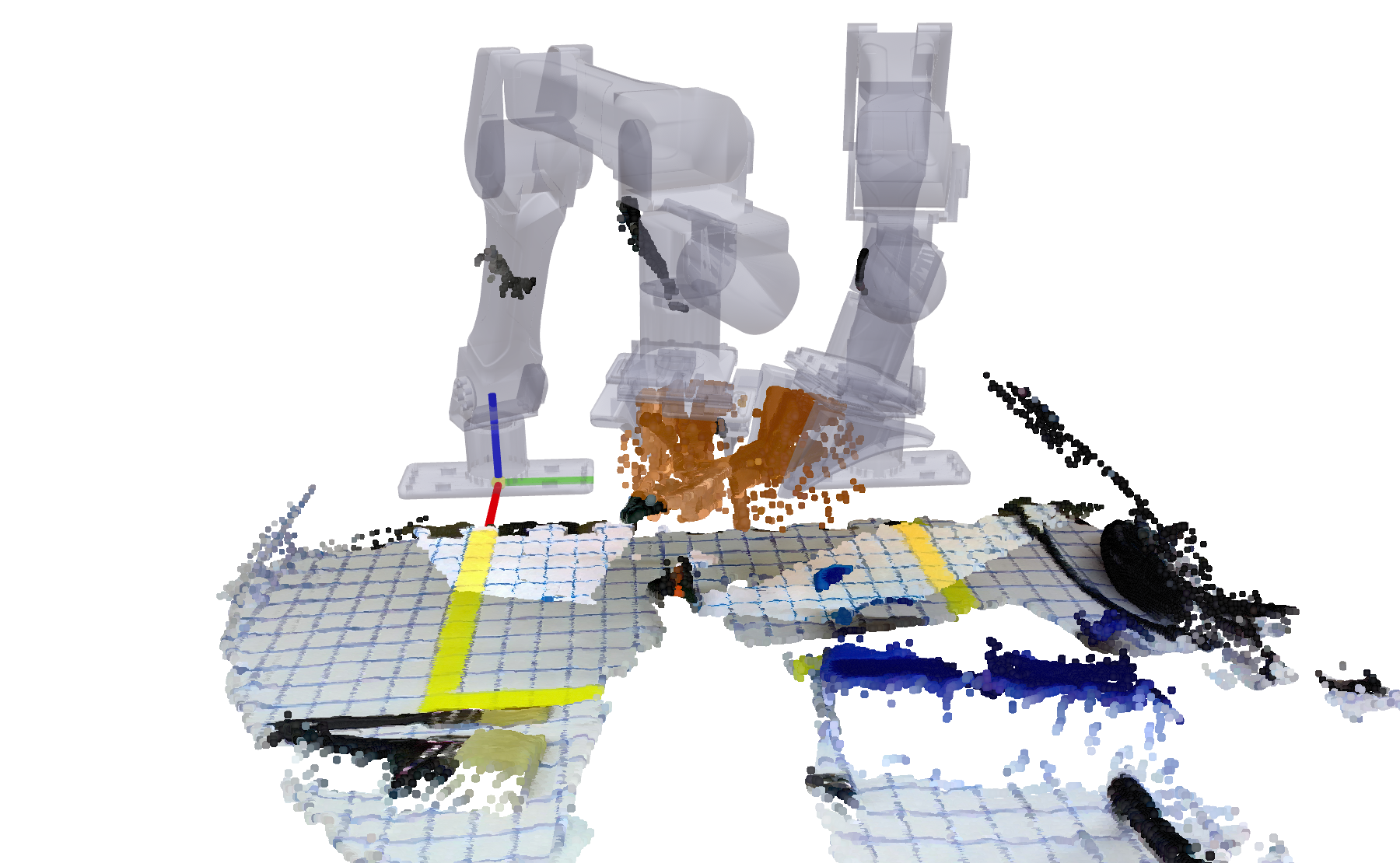 Viser view at the handover: both grippers hold the clamp above the table point cloud